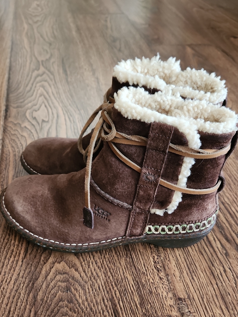 UGG Brown Suede Ankle Booties with Cream Shearling Trim